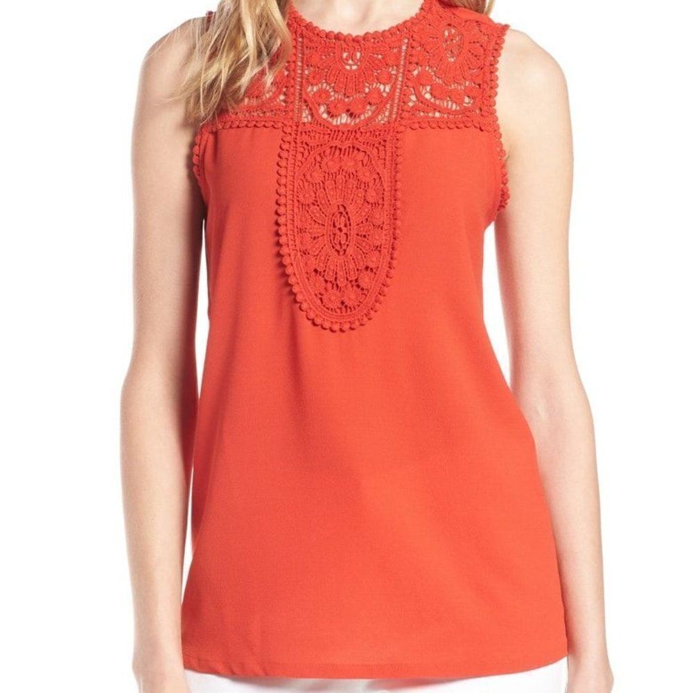 Halogen Lace Detail Crepe Top - size Small in Red/Orange